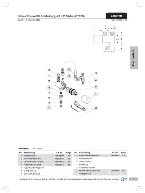 Ersatzteilzeichnung des Thermostat-Kartusche Systems von Ideal Standard, inklusive Montageschemata und Artikelnummern für verschiedene Komponenten.